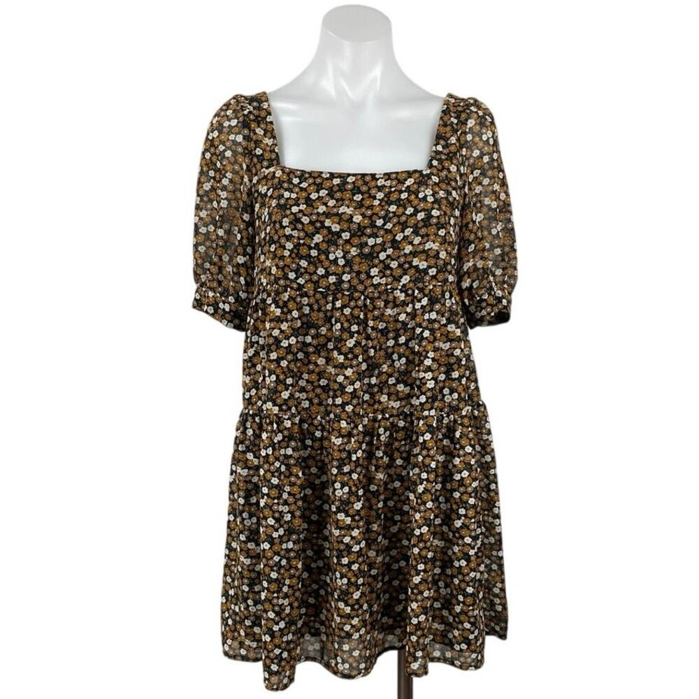 Fashion Union Multicolor Floral Short Puff Sleeve Pleated A Line Mini Dress Sz S